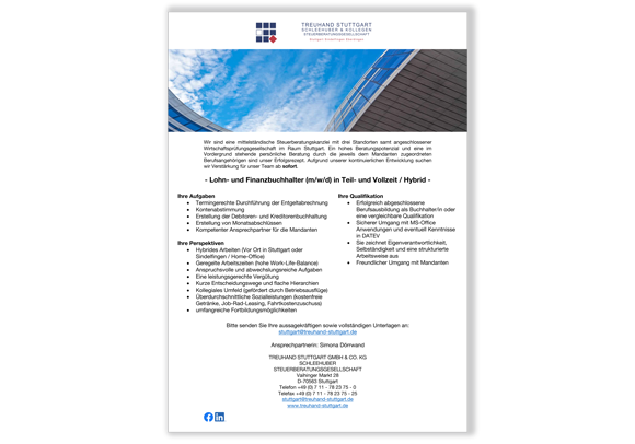 Karriere als Lohn-und Finanzbuchhalter (m/w/d) bei der TREUHAND STUTTGART GMBH & CO. KG SCHLEEHUBER STEUER­BERATUNGS­GESELLSCHAFT